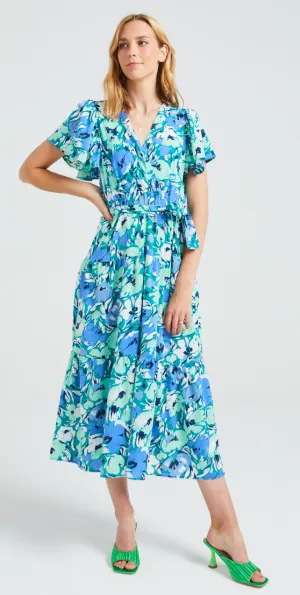 Angeleye - Faux Wrap Flutter Sleeve Tiered Maxi Dress