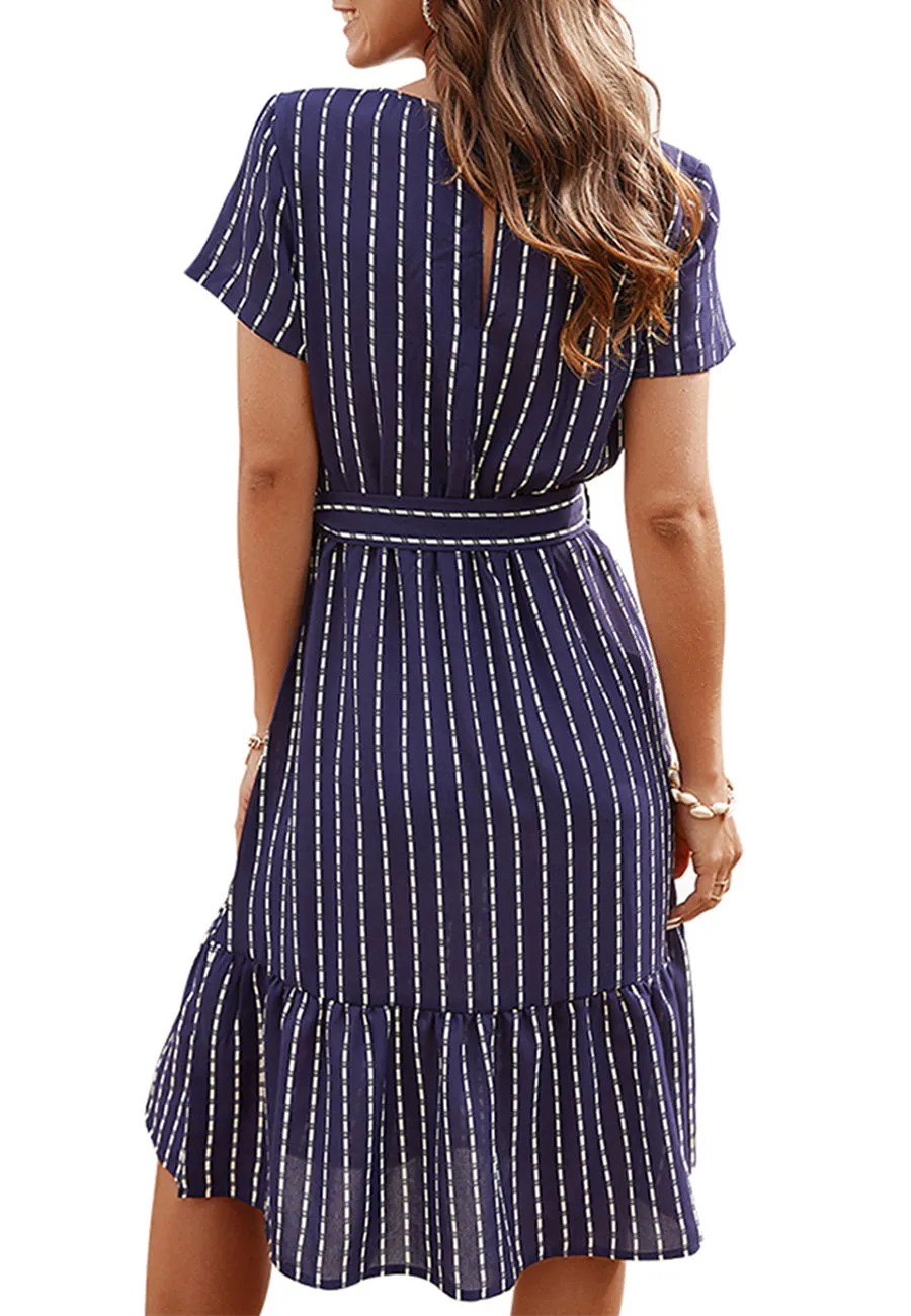 Anna-Kac Vertical Striped Short Sleeve Ruffle Flowy Swing Dress With Belt