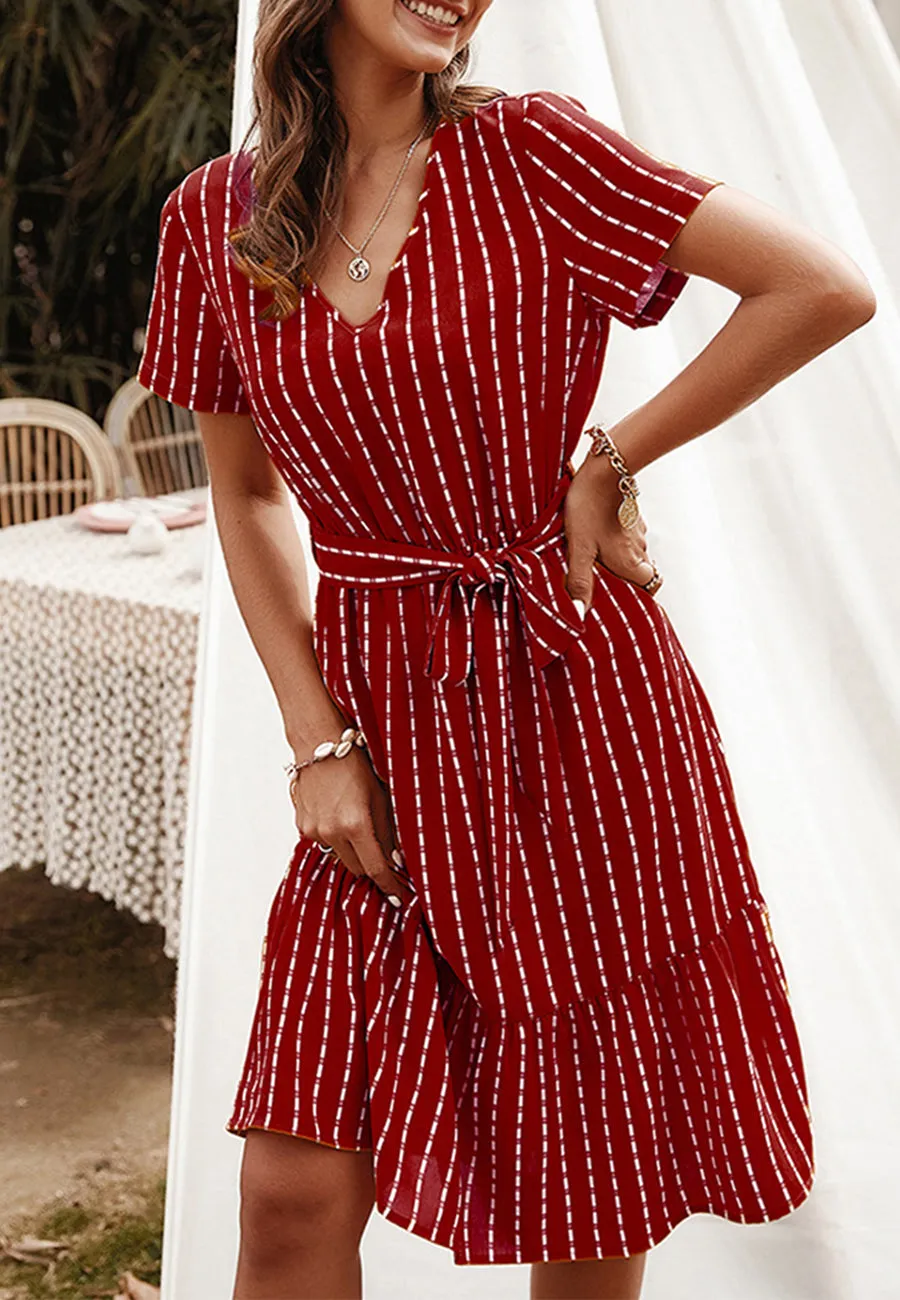 Anna-Kac Vertical Striped Short Sleeve Ruffle Flowy Swing Dress With Belt