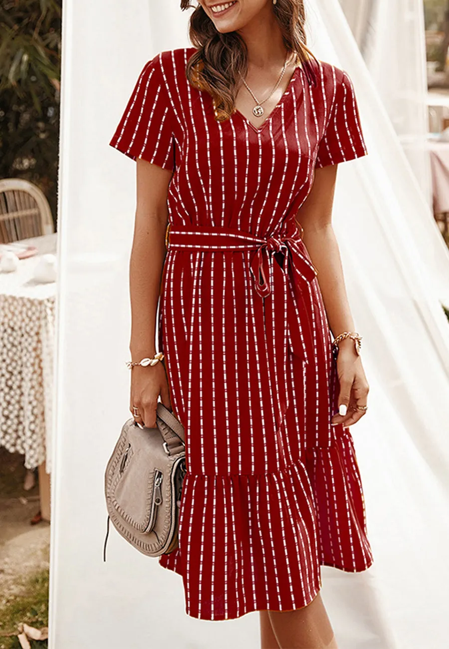 Anna-Kac Vertical Striped Short Sleeve Ruffle Flowy Swing Dress With Belt