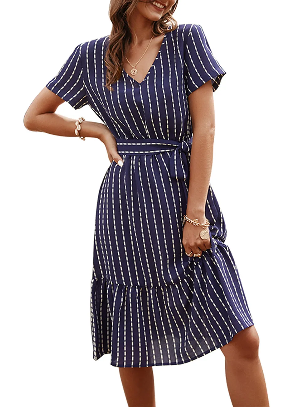 Anna-Kac Vertical Striped Short Sleeve Ruffle Flowy Swing Dress With Belt