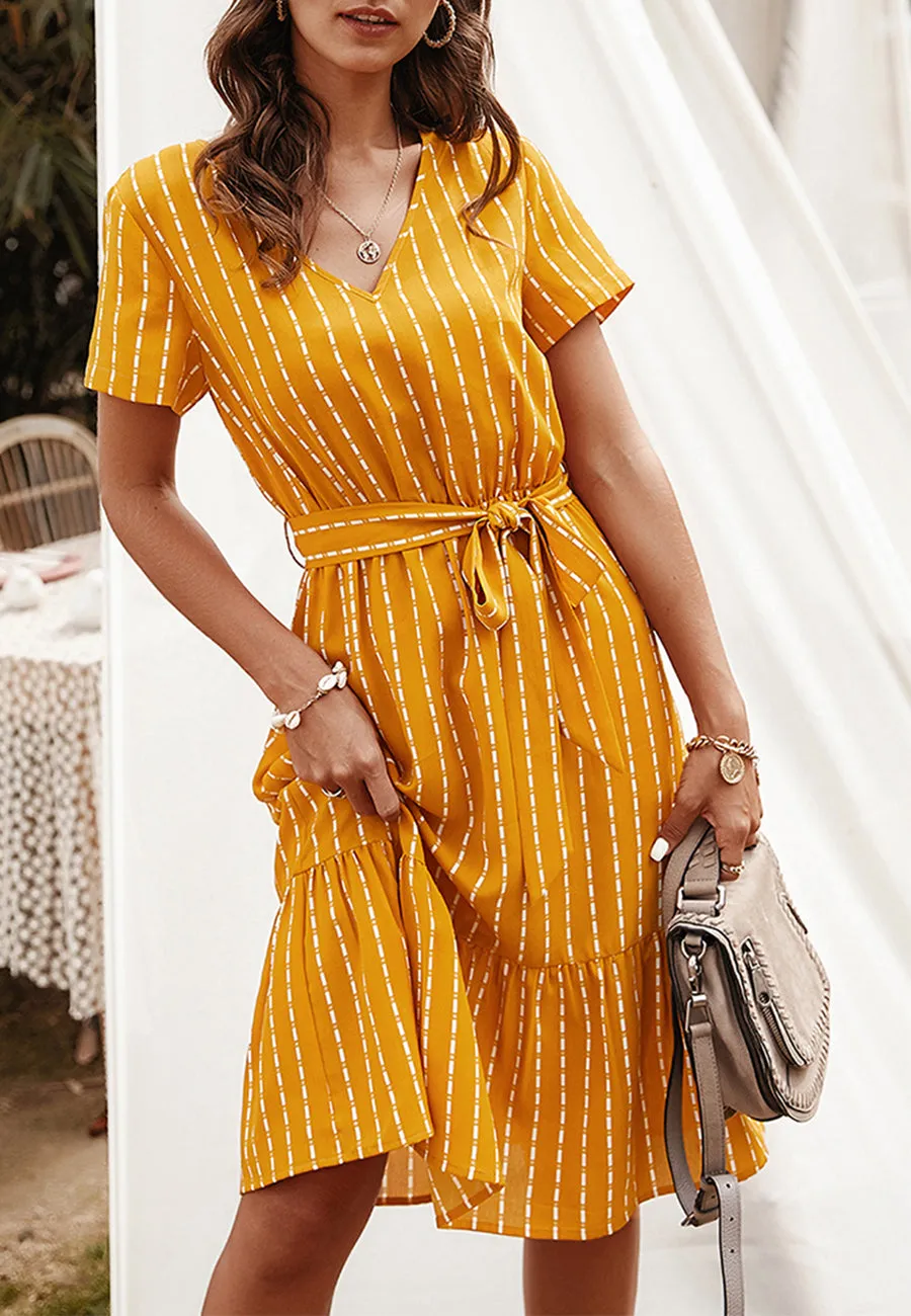 Anna-Kac Vertical Striped Short Sleeve Ruffle Flowy Swing Dress With Belt