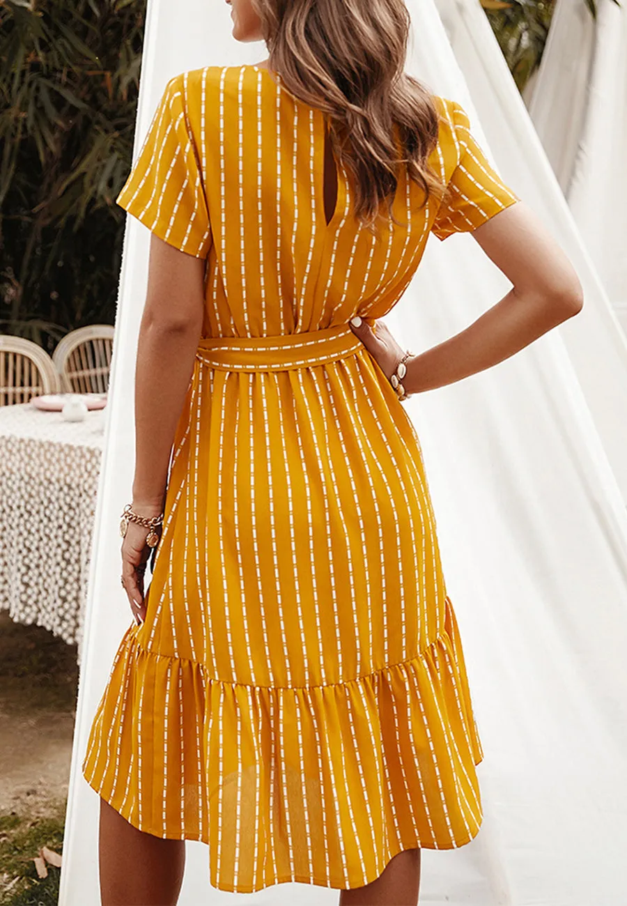 Anna-Kac Vertical Striped Short Sleeve Ruffle Flowy Swing Dress With Belt