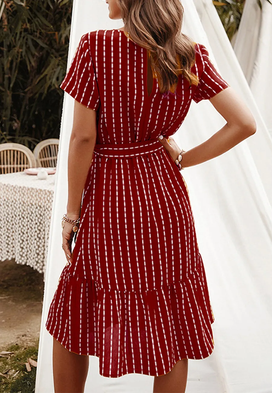 Anna-Kac Vertical Striped Short Sleeve Ruffle Flowy Swing Dress With Belt