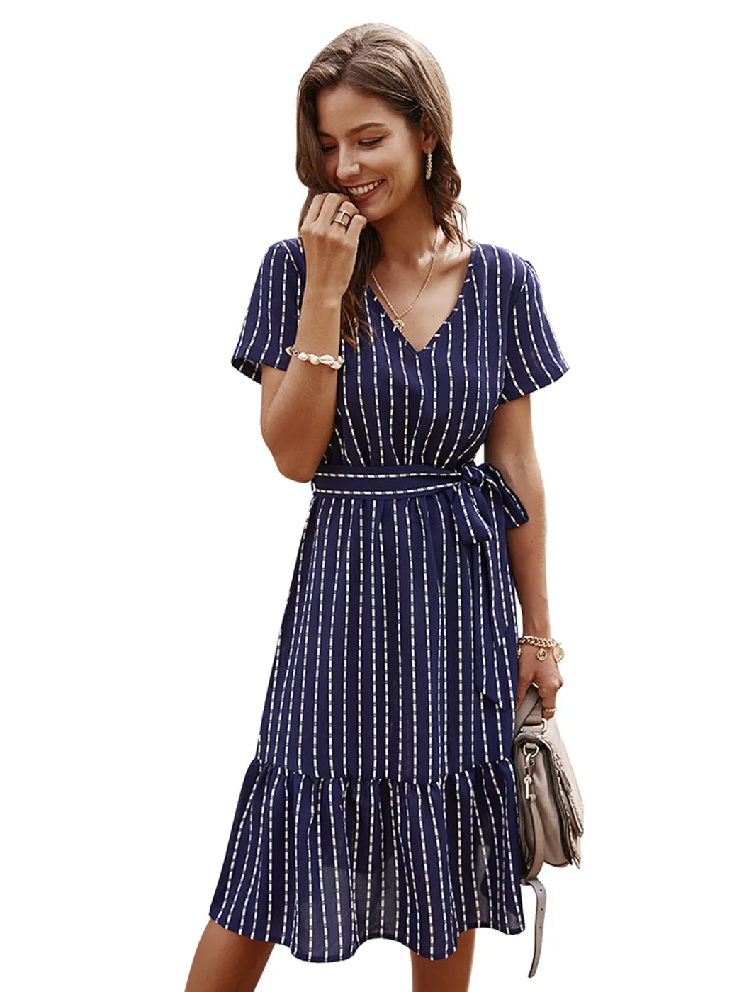 Anna-Kac Vertical Striped Short Sleeve Ruffle Flowy Swing Dress With Belt