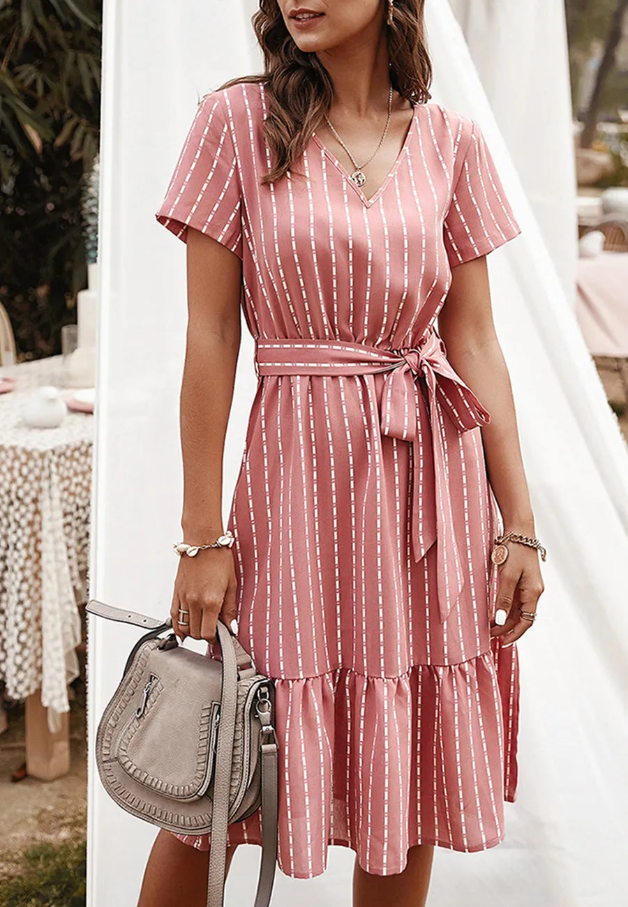 Anna-Kac Vertical Striped Short Sleeve Ruffle Flowy Swing Dress With Belt