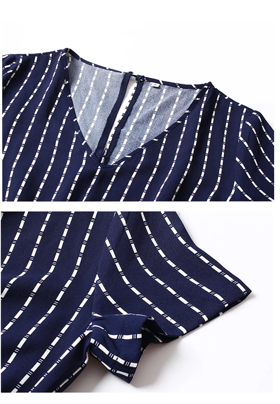 Anna-Kac Vertical Striped Short Sleeve Ruffle Flowy Swing Dress With Belt