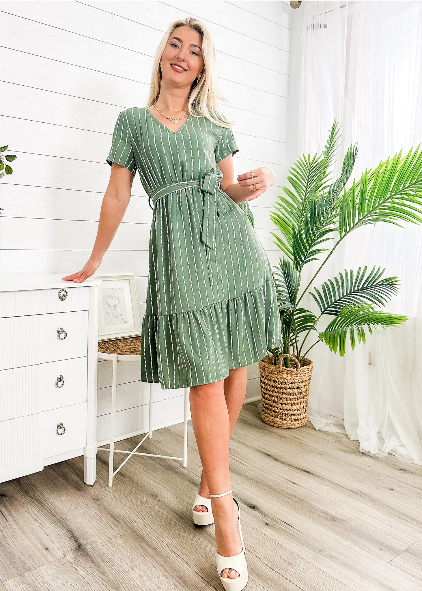 Anna-Kac Vertical Striped Short Sleeve Ruffle Flowy Swing Dress With Belt