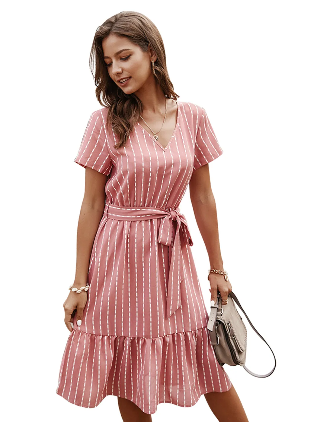 Anna-Kac Vertical Striped Short Sleeve Ruffle Flowy Swing Dress With Belt