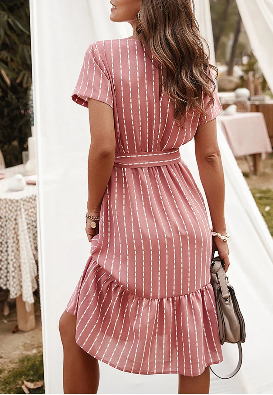 Anna-Kac Vertical Striped Short Sleeve Ruffle Flowy Swing Dress With Belt