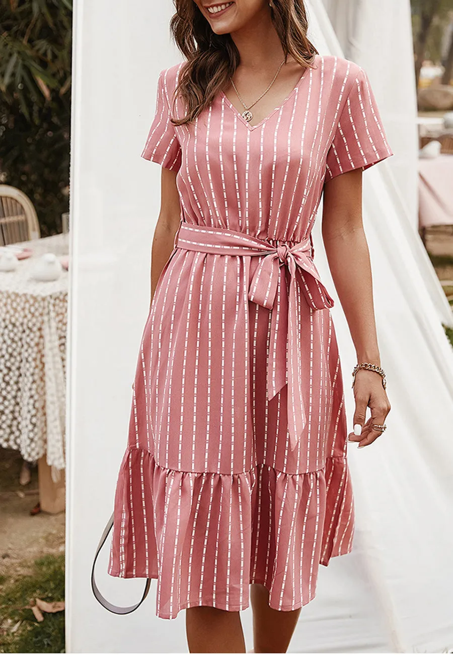 Anna-Kac Vertical Striped Short Sleeve Ruffle Flowy Swing Dress With Belt