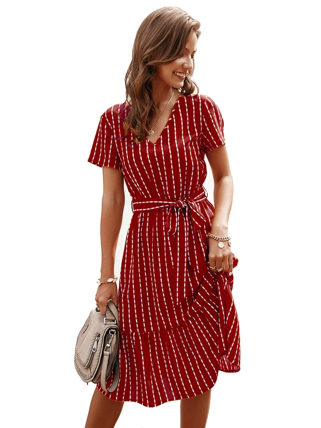 Anna-Kac Vertical Striped Short Sleeve Ruffle Flowy Swing Dress With Belt
