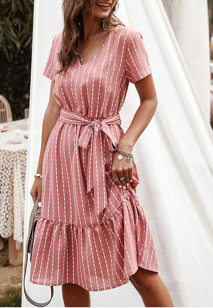 Anna-Kac Vertical Striped Short Sleeve Ruffle Flowy Swing Dress With Belt