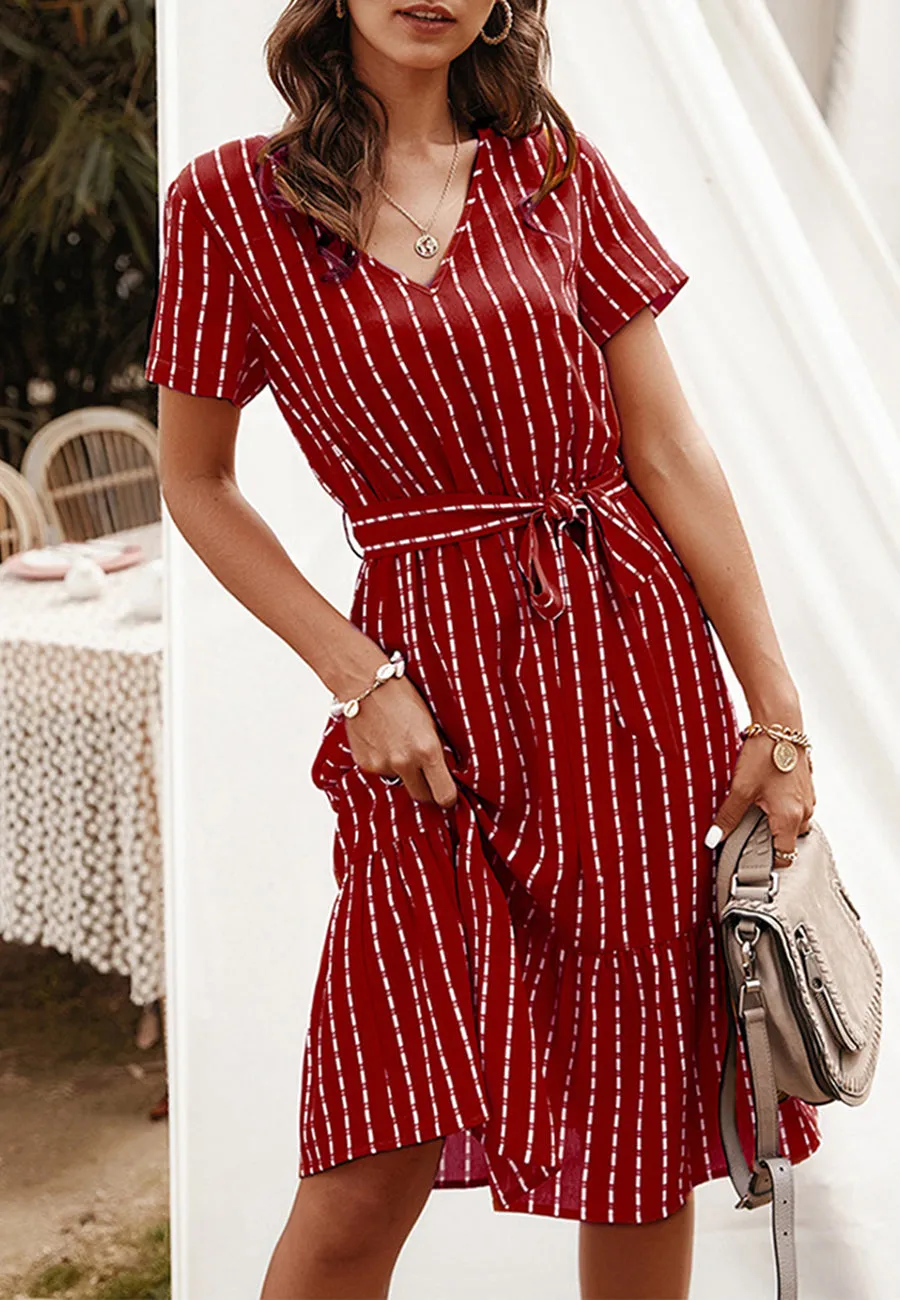 Anna-Kac Vertical Striped Short Sleeve Ruffle Flowy Swing Dress With Belt