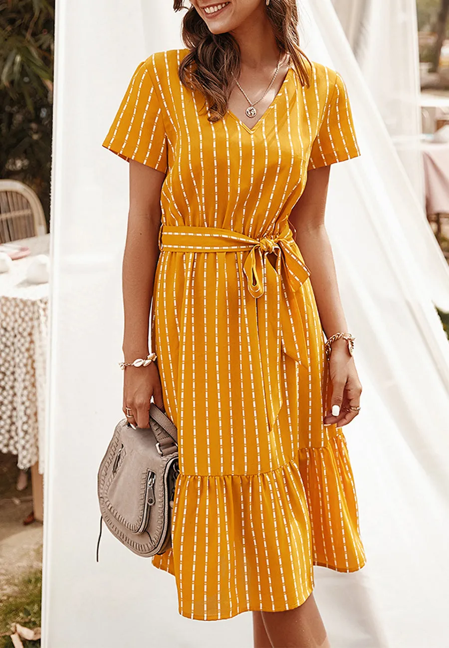 Anna-Kac Vertical Striped Short Sleeve Ruffle Flowy Swing Dress With Belt