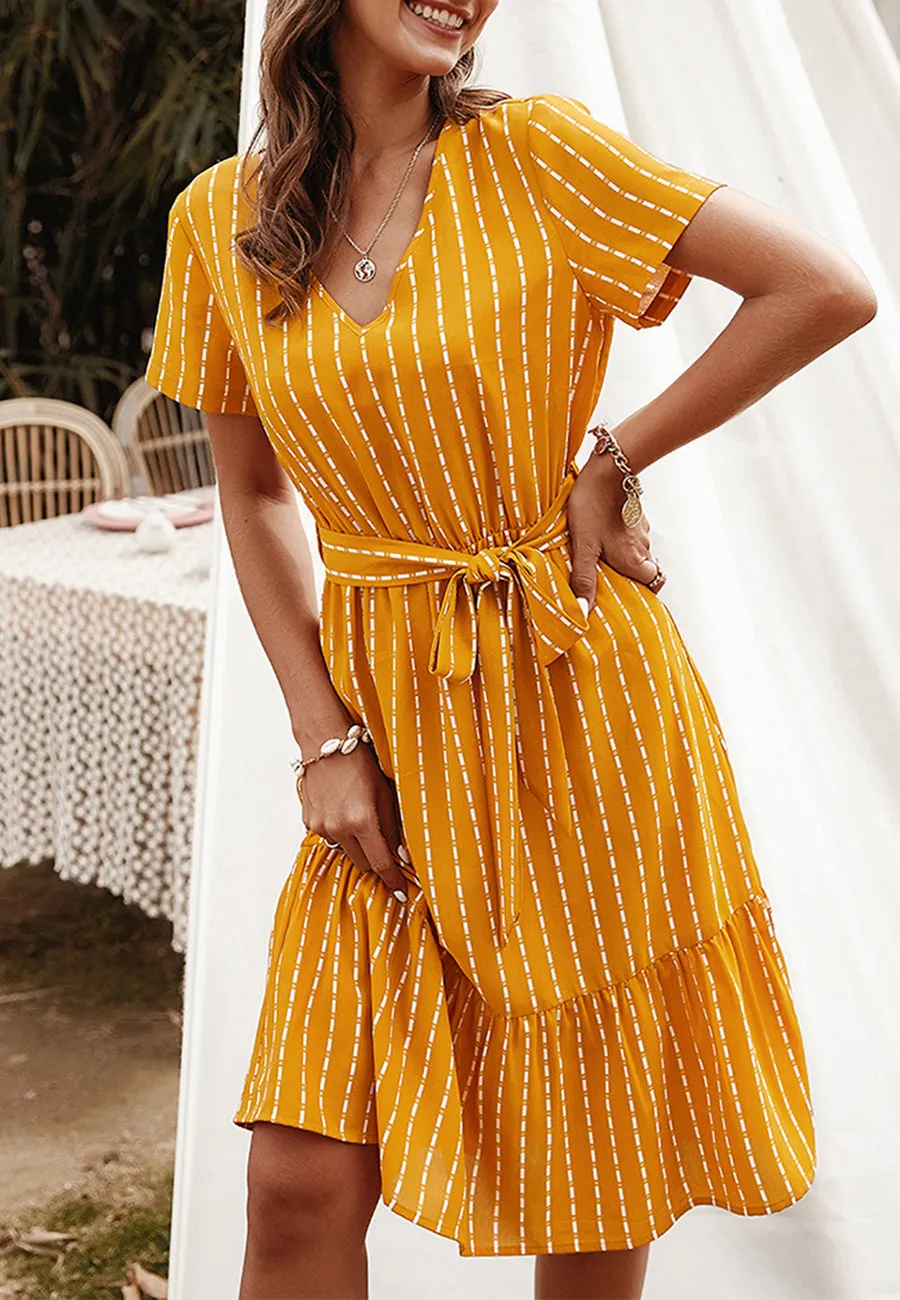 Anna-Kac Vertical Striped Short Sleeve Ruffle Flowy Swing Dress With Belt