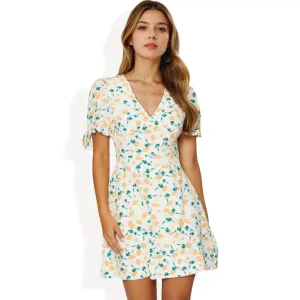 Anna-Kaci Women's Short Sleeve Floral Wrap Dress with Puff Sleeve Tie Detail