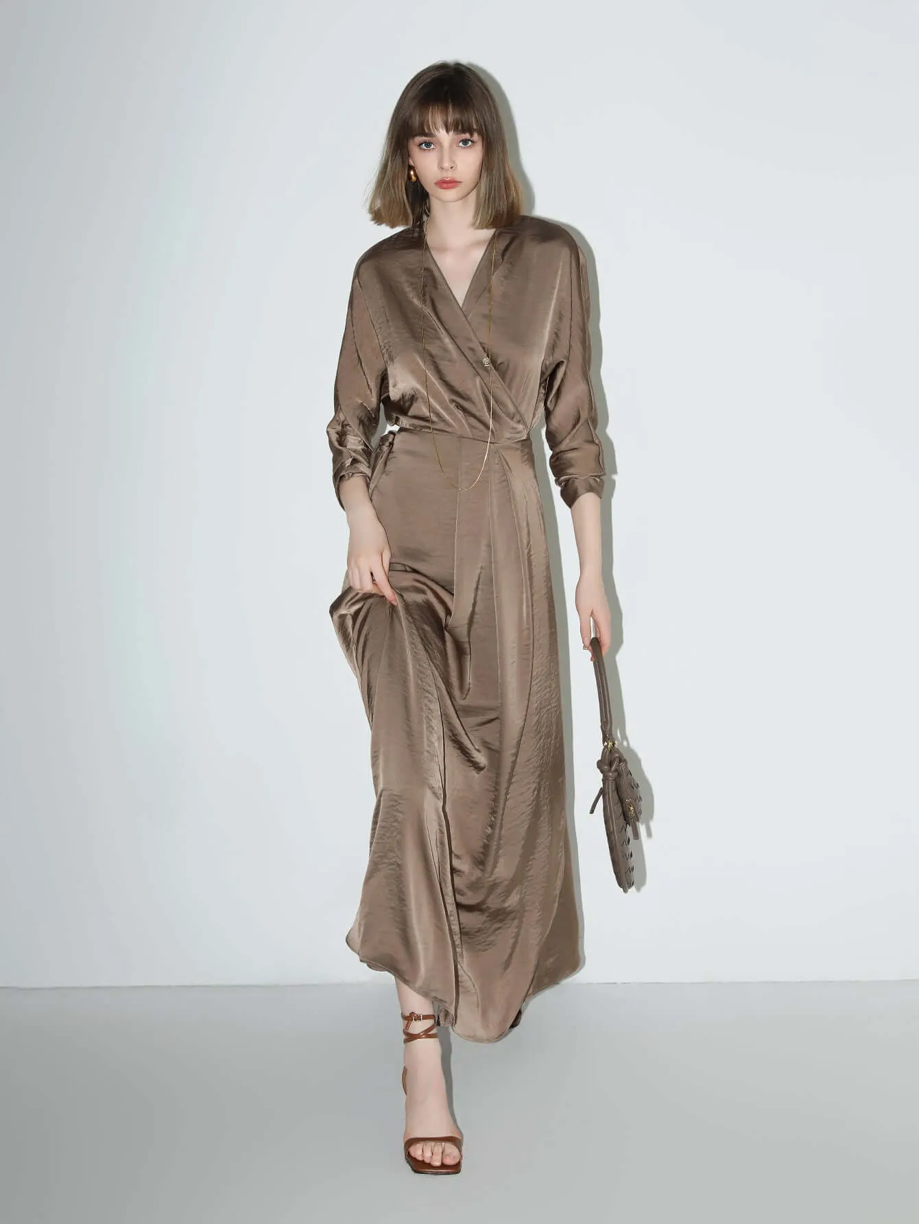 Antique Brown Satin Wrap Dress