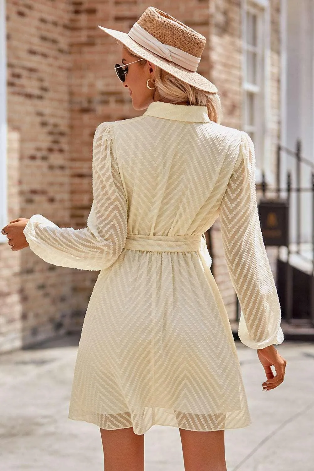 Apricot Textured Wrap V Neck Waist Belted Long Sleeve Dress