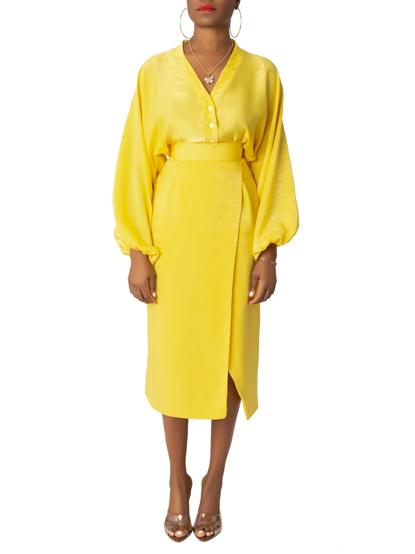 “Aurelia” Yellow Faux Wrap Dress