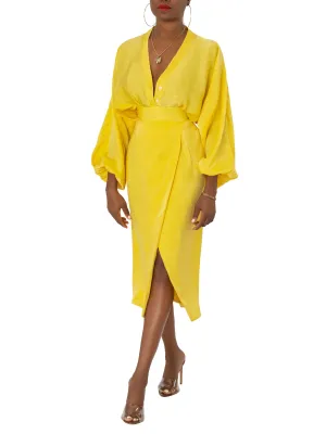 “Aurelia” Yellow Faux Wrap Dress
