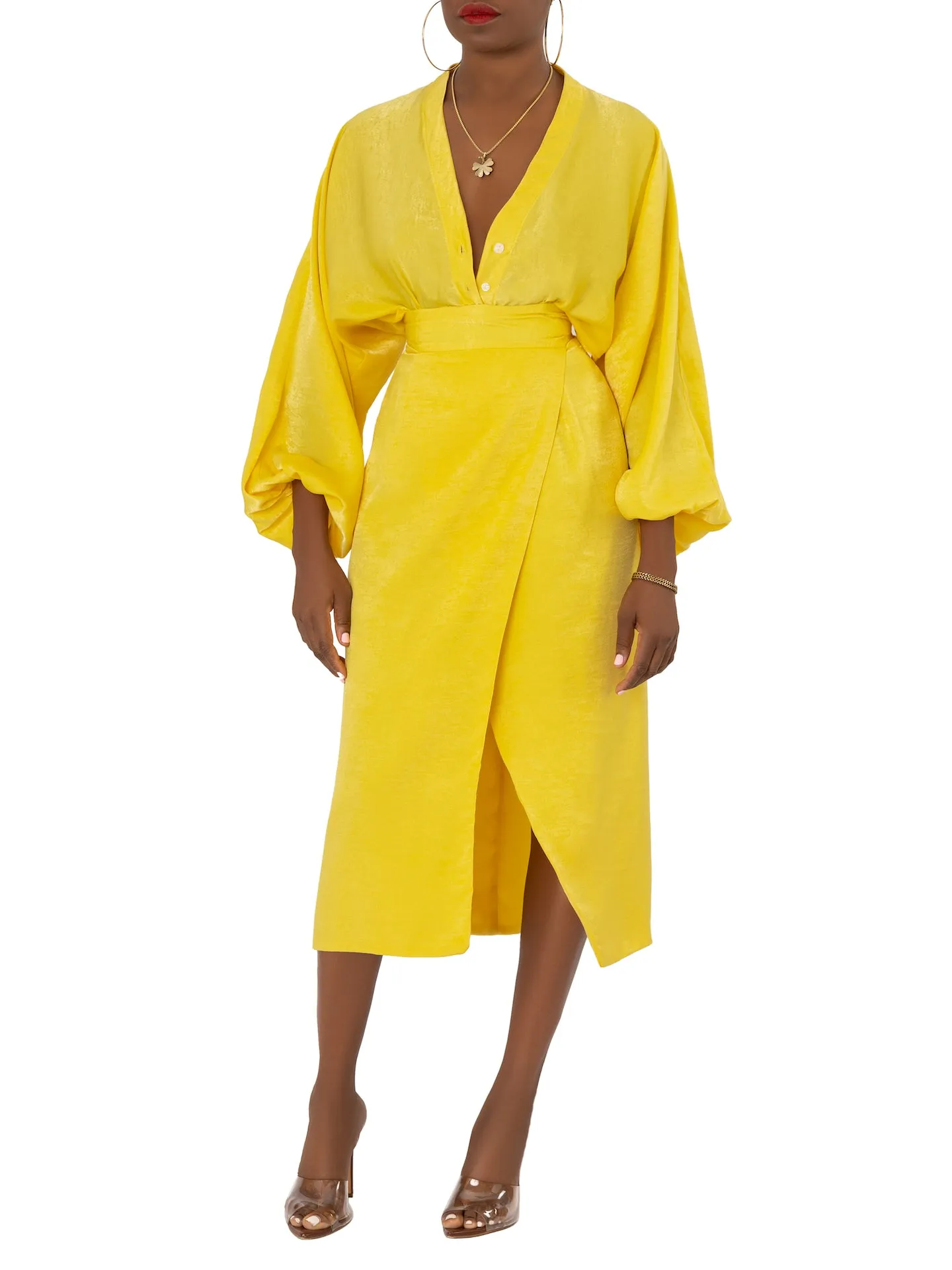 “Aurelia” Yellow Faux Wrap Dress