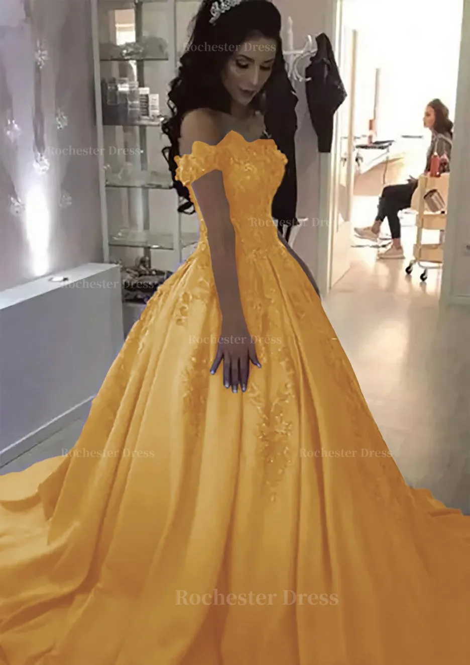 Ball Gown Off-the-Shoulder Sleeveless Sweep Train Satin Prom Dress With Appliqued Beading