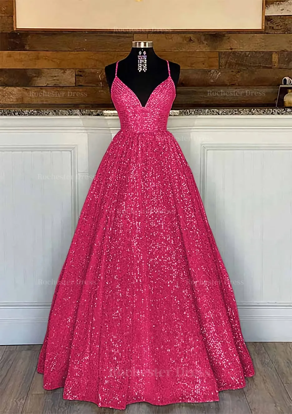 Ball Gown Sleeveless V Neck Long/Floor-Length Sequined Sparkling Prom Dress With Pleated