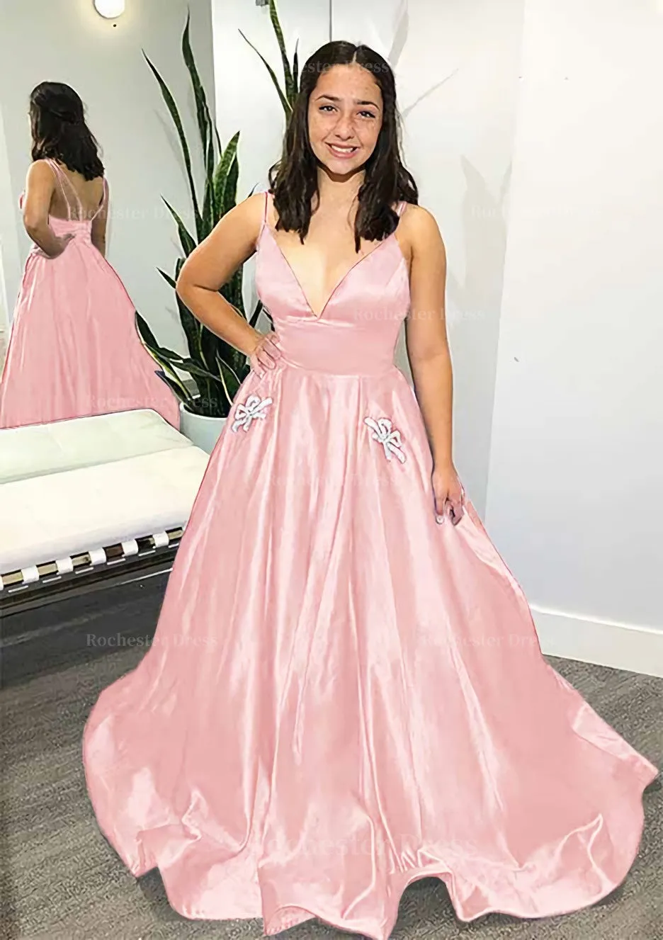 Ball Gown V Neck Spaghetti Straps Sweep Train Satin Prom Dress With Pockets Beading