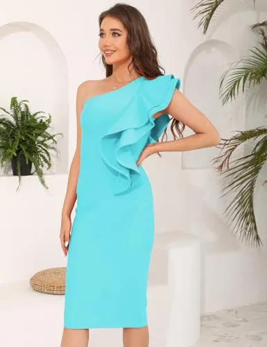 Baosuu Women's Cocktail Dresses One Shoulder Bodycon Dress Ruffle Elegant Wine Red Wedding Guest Bridal Shower Dress