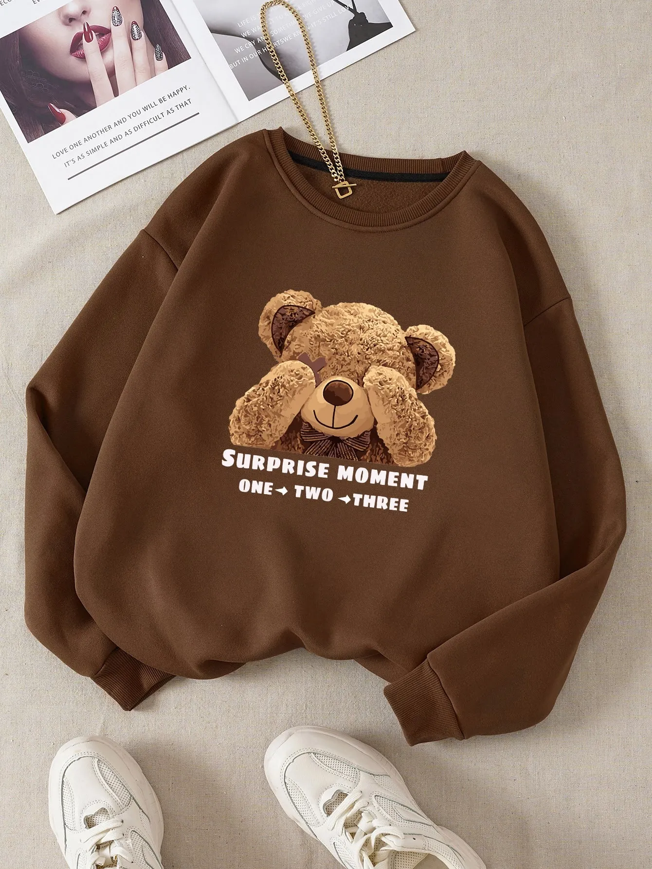 Bear And Letter Graphic Thermal Lined Sweatshirt FW23