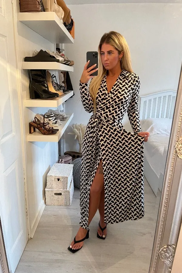BEIGE ABSTRACT PRINT LOW CUT TIE WRAP MAXI DRESS