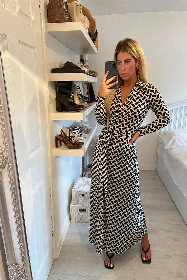 BEIGE ABSTRACT PRINT LOW CUT TIE WRAP MAXI DRESS
