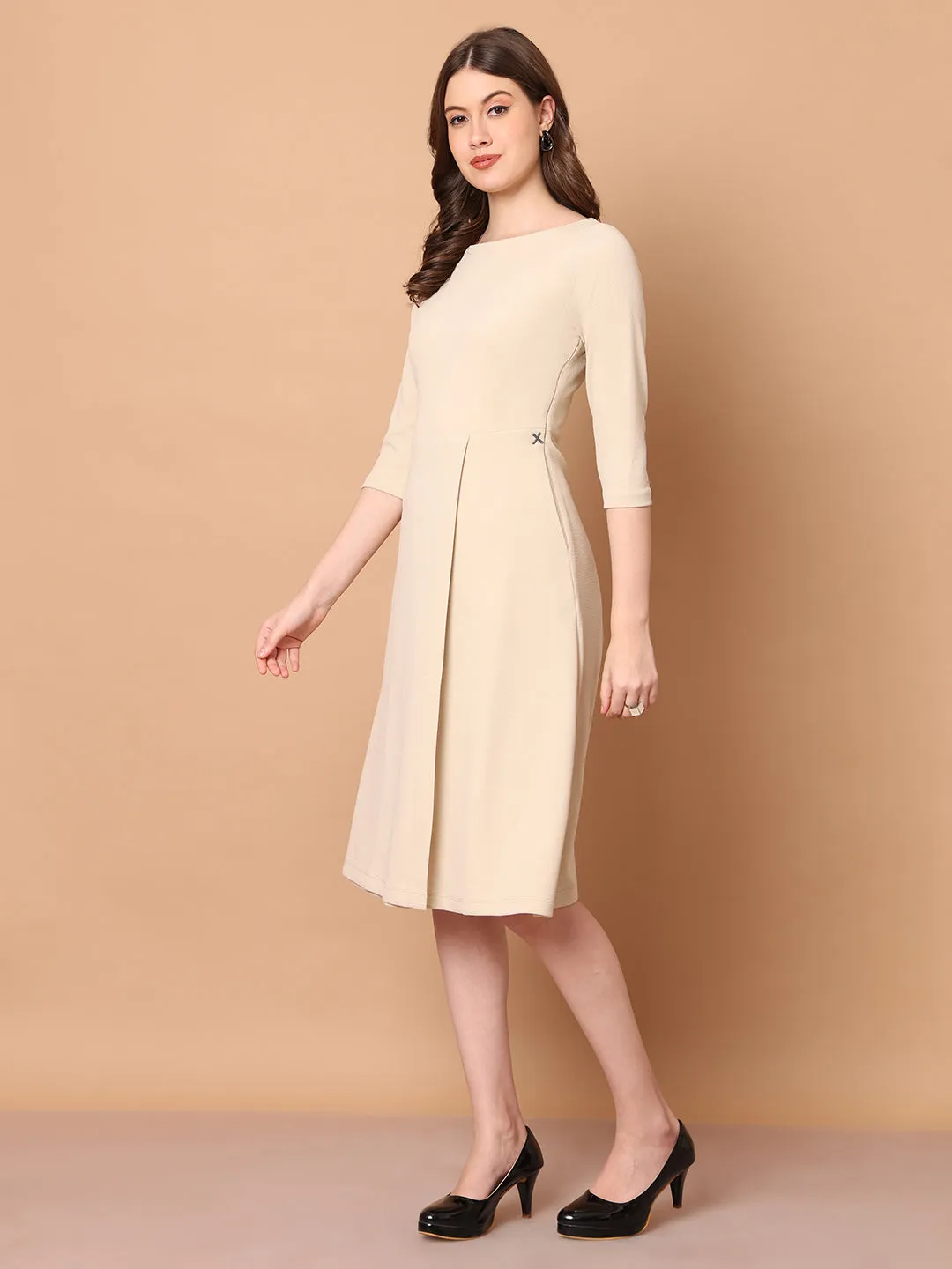 Beige Blended Urban Elegance Wrap Dress With Sleeves