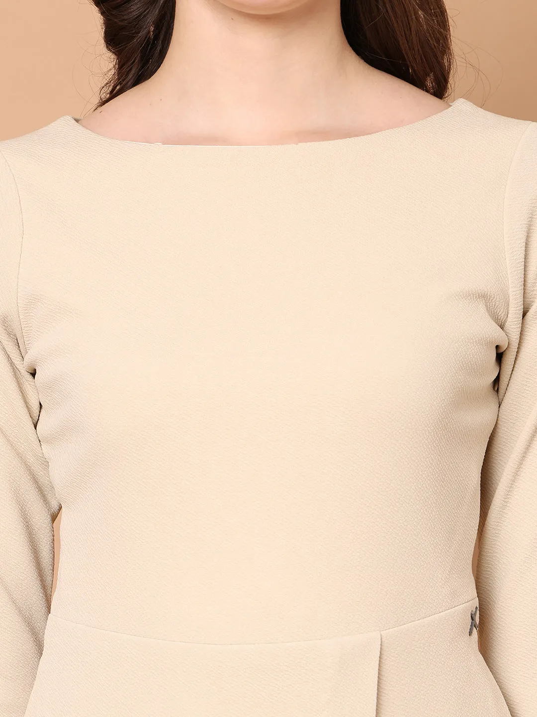 Beige Blended Urban Elegance Wrap Dress With Sleeves