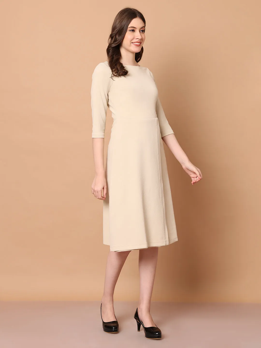 Beige Blended Urban Elegance Wrap Dress With Sleeves