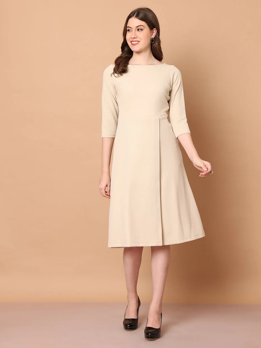 Beige Blended Urban Elegance Wrap Dress With Sleeves