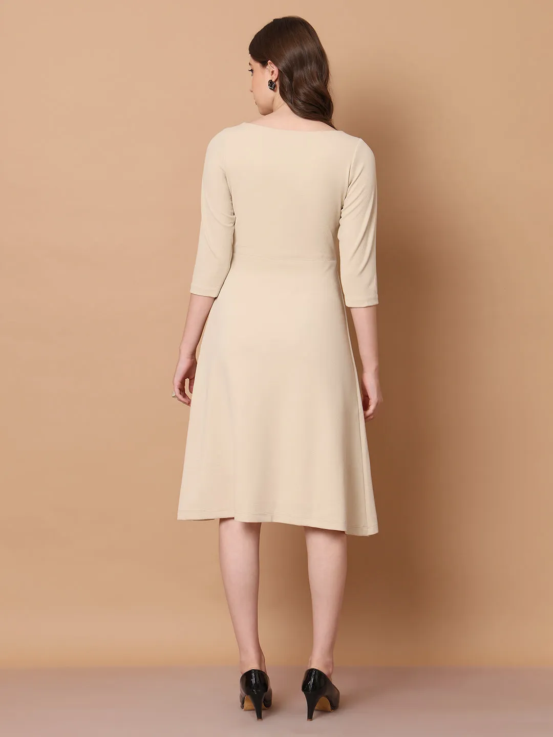 Beige Blended Urban Elegance Wrap Dress With Sleeves