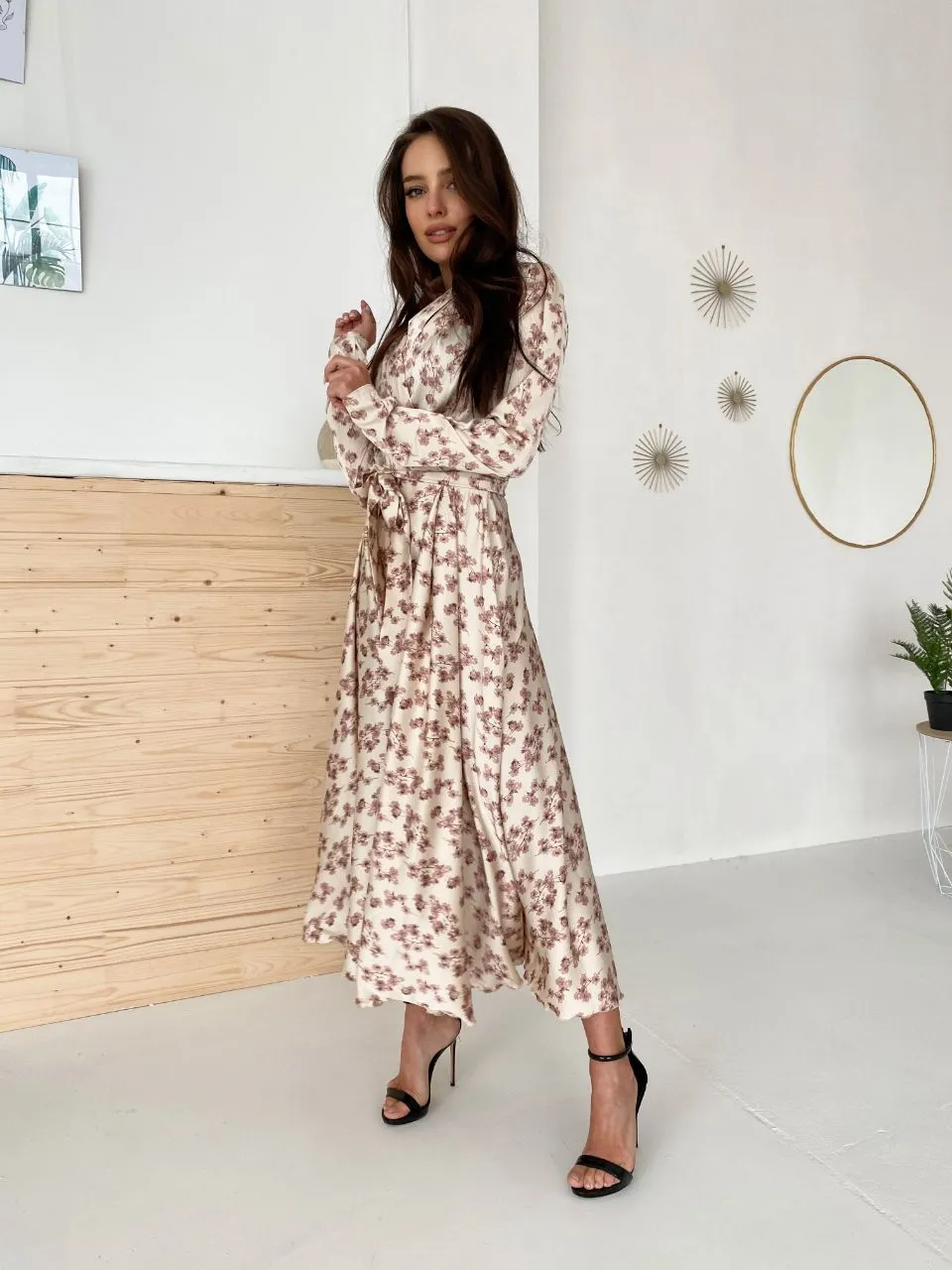 Beige Floral-Print Wrap Midi Dress