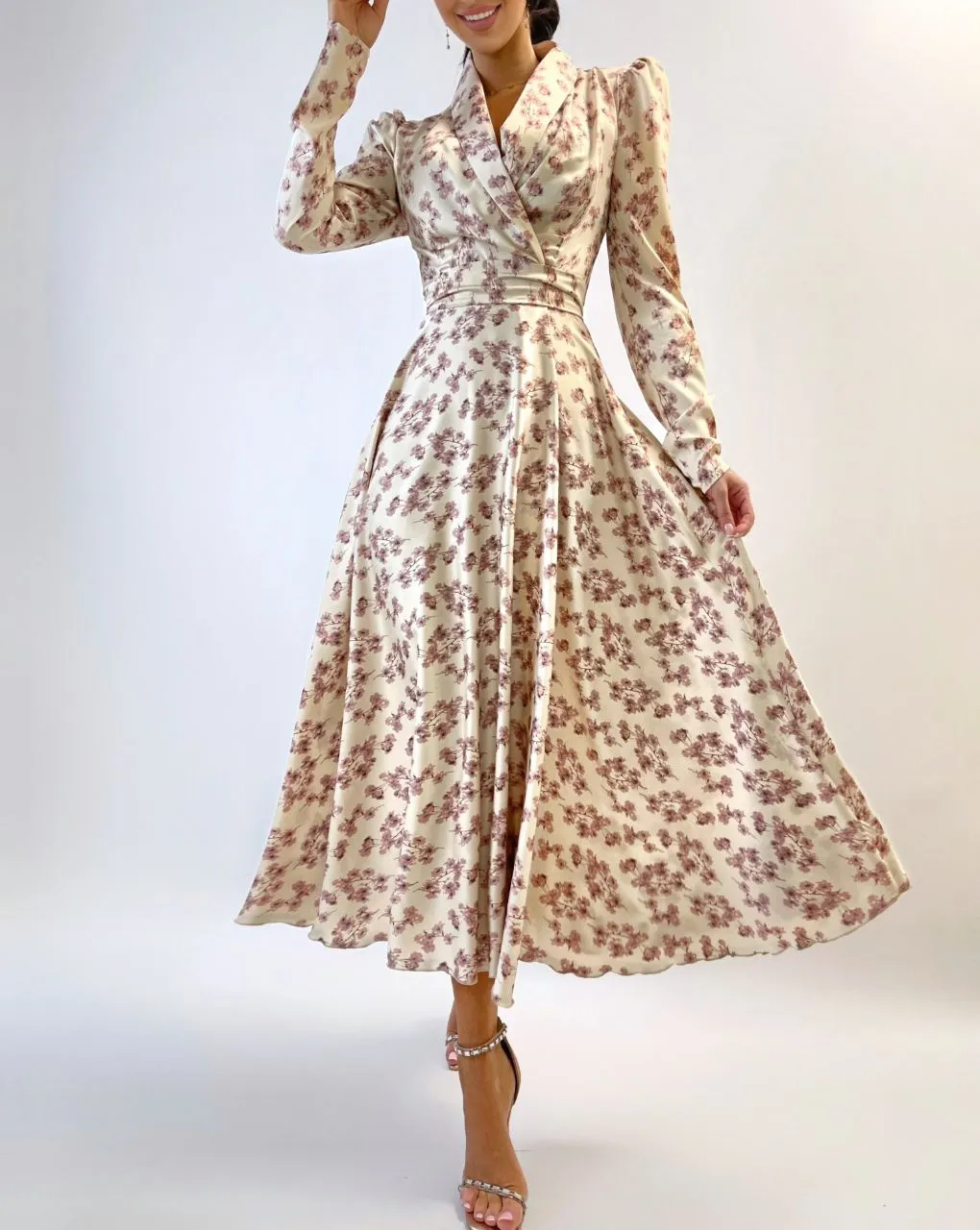 Beige Floral-Print Wrap Midi Dress
