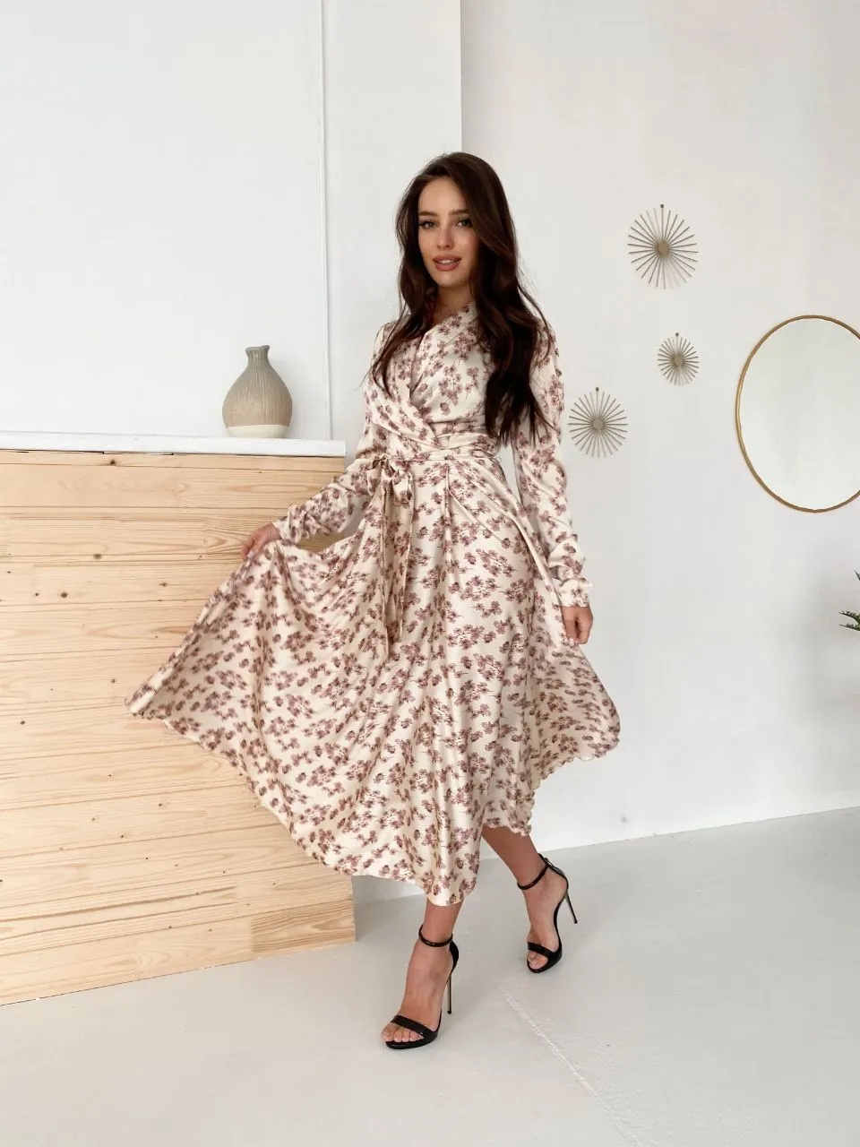 Beige Floral-Print Wrap Midi Dress