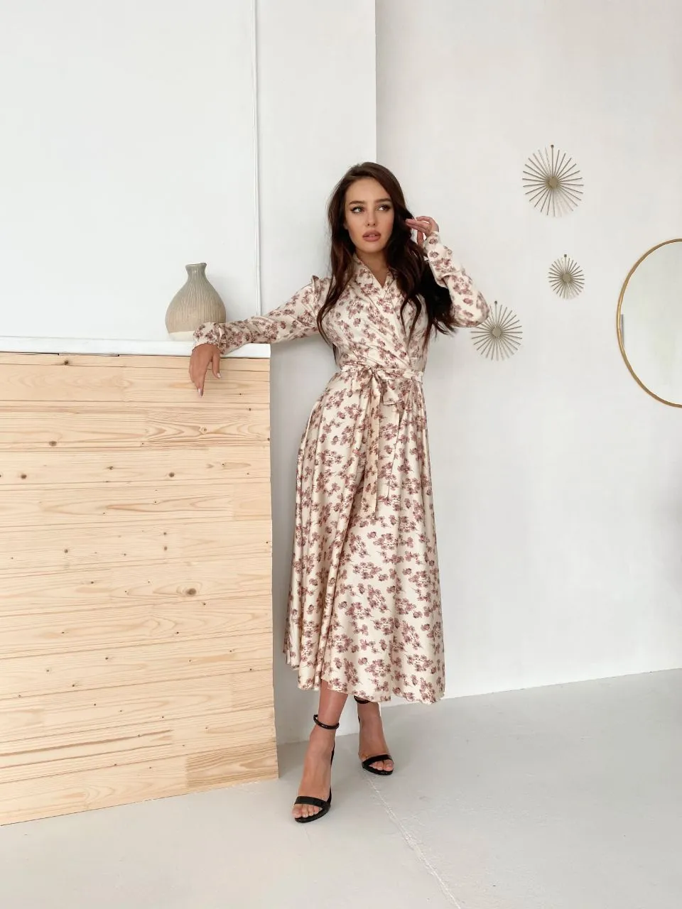 Beige Floral-Print Wrap Midi Dress