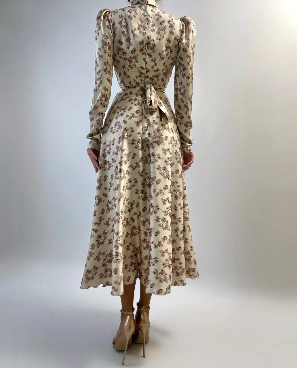 Beige Floral-Print Wrap Midi Dress