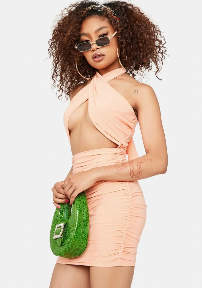 Beige Halter Wrap Ruched Cutout Mini Dress