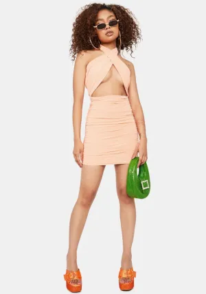 Beige Halter Wrap Ruched Cutout Mini Dress