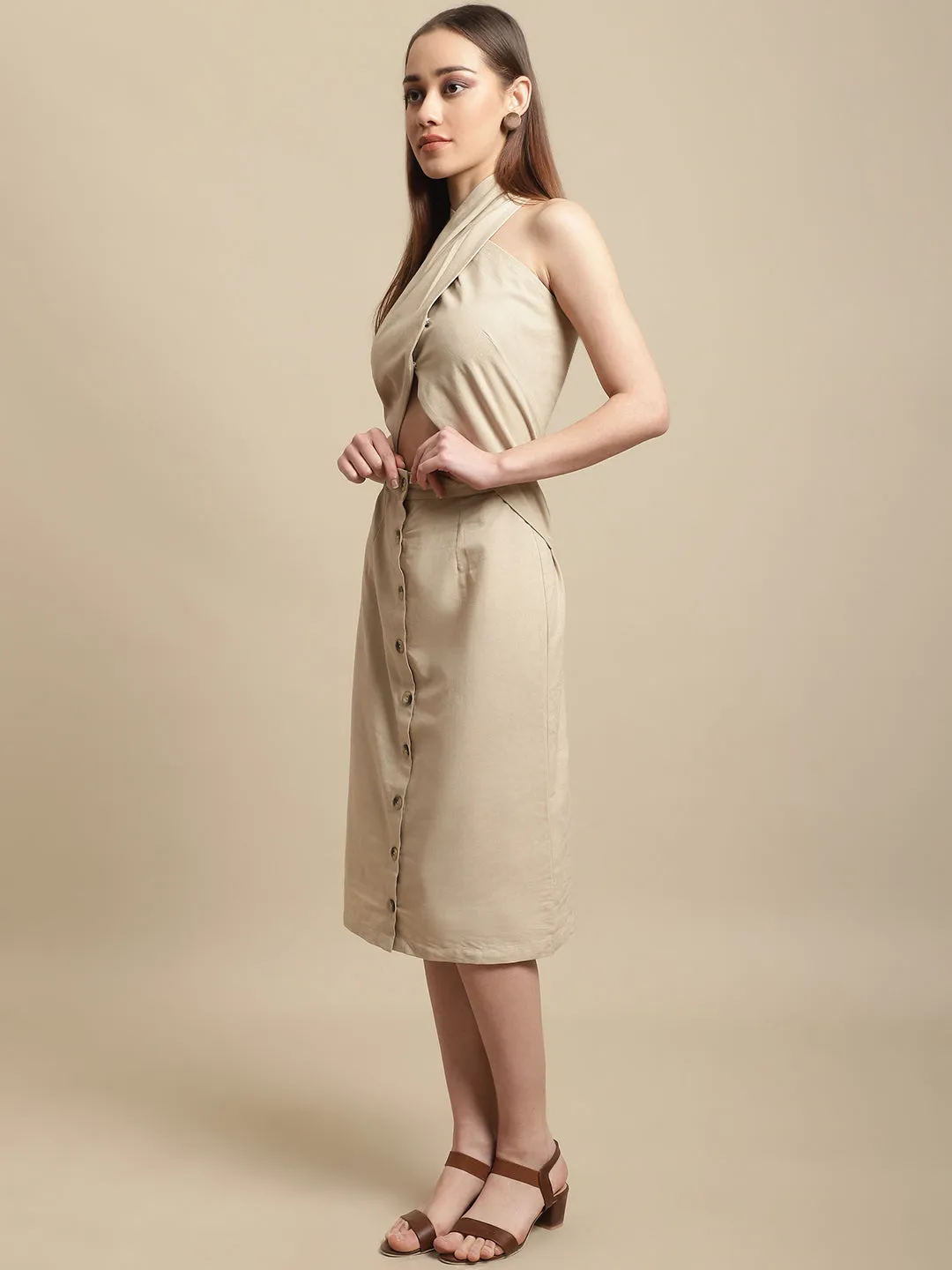 Beige Neck Wrap Dress