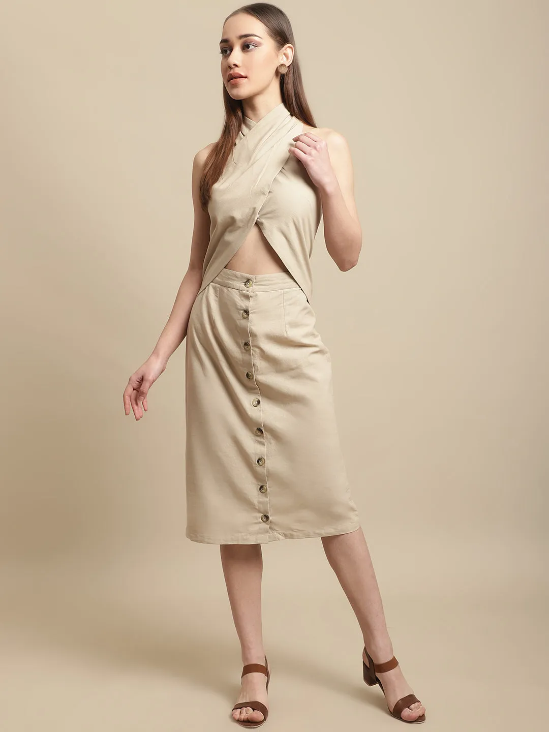 Beige Neck Wrap Dress