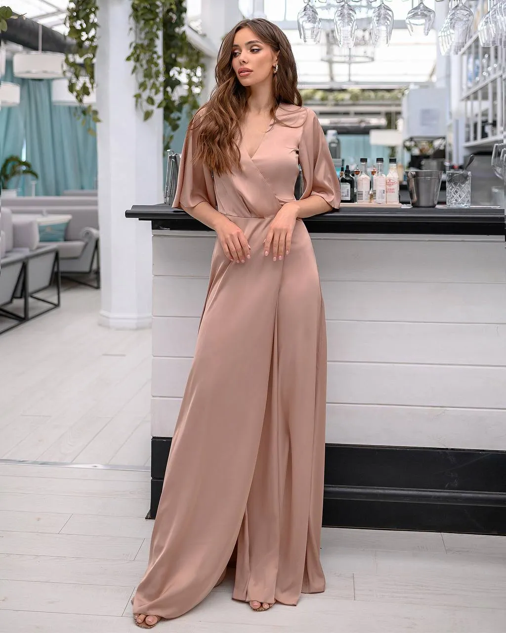 Beige Silk Wrap Maxi Dress