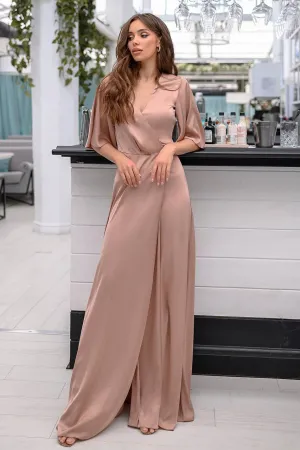 Beige Silk Wrap Maxi Dress