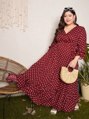 Berrylush Curve Women Red & White Polka Dot Printed V-Neck Bishop Sleeves Wrap Ruffled Maxi Dress